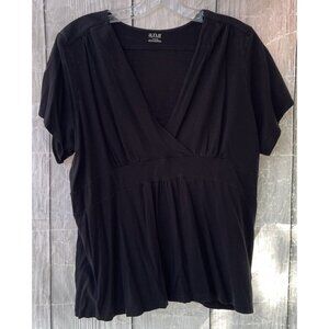 a.n.a. 1X Short Sleeve Surplice Neck Black Top Cotton/Modal Blend